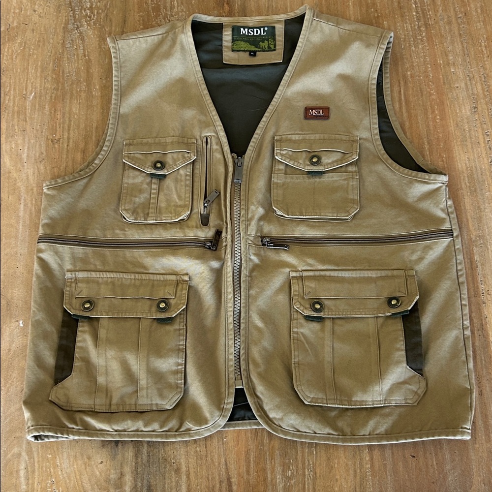 MSDL Men's XL Khaki Tactical‎ Fishing Utility Vest Full Zip Multi-Pocket Cargo